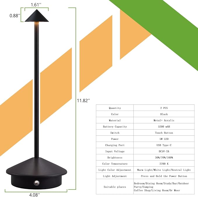 2 Pack Cordless LED Table Lamp, Rechargeable 5200mAH Battery Operated Lamp for Decor, 3 Color Stepless Dimming Desk Lamps, for Restaurant, Bedroom, Outdoor Camping, Coffee Shop, Night Light