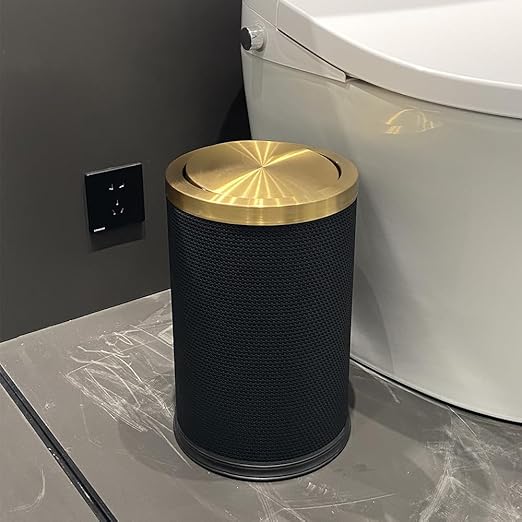 2.4 Gallon Bathroom Trash Can with Lid, Pu Leather Modern Garbage Can, Round Decorative Waste Basket, for Near Desk, Powder, Bedroom, Hotel, Office, Home (9L-Checked Black)