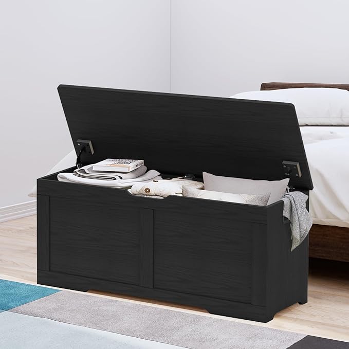 Timberer 39.4" Storage Chest, Wooden Storage Bench, Lift Top Toy Chest with 2 Safety Hinges, Large Toy Box, Entryway Bench for Living Room, Bedroom, Black