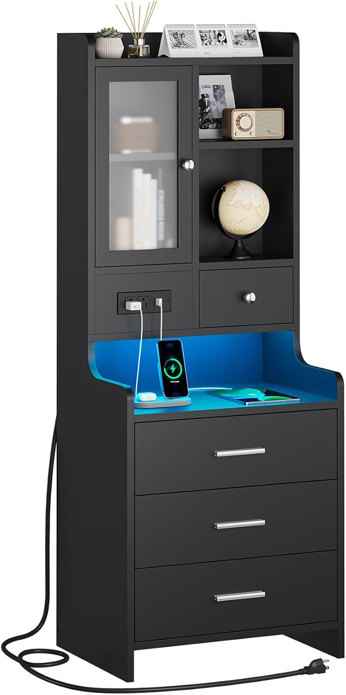 ADORNEVE Black Night Stand Set of 2 with Charging Station,49.2" LED Nightstand for Bedroom,Tall Bedside Table with Bookshelf and Drawers,Side Tables Bedroom,13.8" D x 17.7" W x 49.2" H