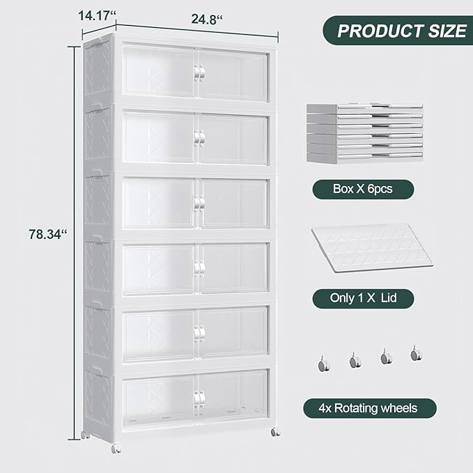 180Gal Stackable Storage Bins with Lid, 720Qt Extra Large Collapsible Storage Box with Doors and Wheels, Plastic Closet Organizer and Storage Cabinet Drawer for Home Kitchen, 6Pack White