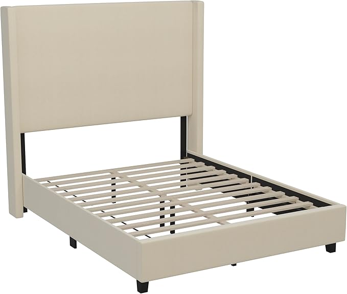 EMMA + OLIVER Nora Full Size Faux Linen Upholstered Platform Bed with Plush Padded Wingback Headboard (No Box Spring Needed), Modern Upholstered Headboard Full Bed Frame, Beige