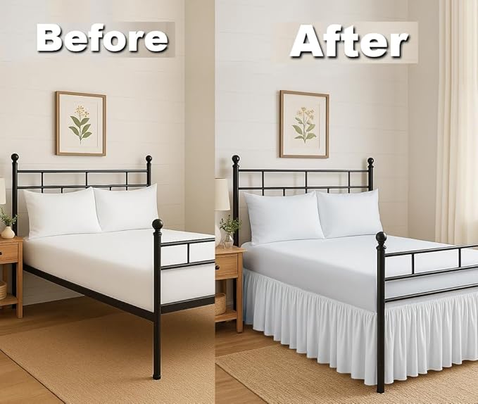 Ruffled Bed Skirt Split Corners with Platform, Tailored Fit Hotel Quality Wrinkle Free Ultra-Soft Microfiber Dust Ruffle, Upto 18 Inch Drop, King, White