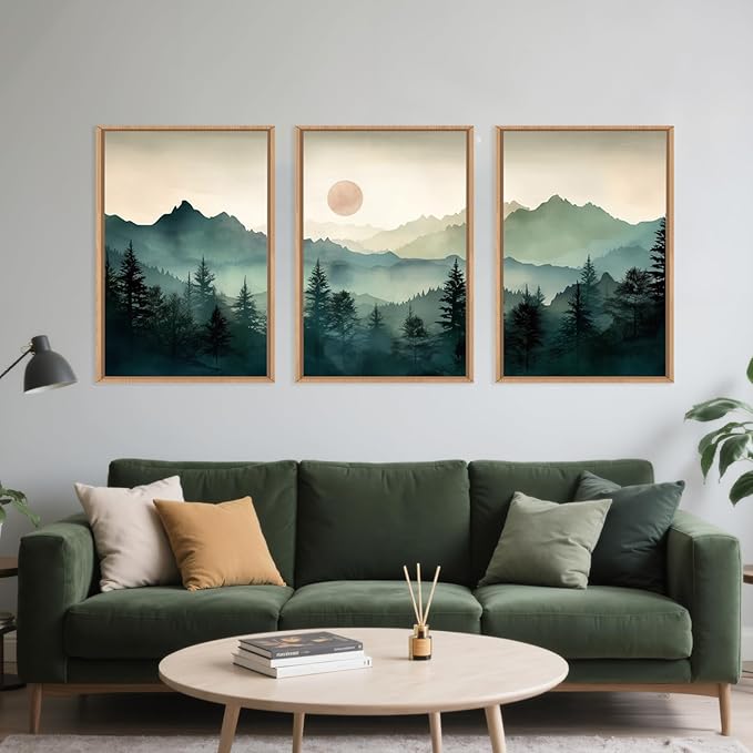 LHIUEM Large Boho Mountain Framed Wall Art Set,Green Foggy Forest Wall Painting,Abstract Nature Sunrise Artwork,Watercolor Pine Tree Wall Decor for Living Room,Bedroom,Office-24''x36''x3
