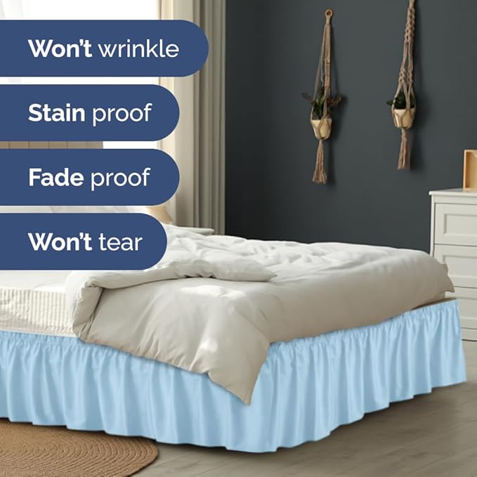 Wrap Around Dust Ruffle Bed Skirt - Light Blue - for Queen Size Beds with 12 Inch Drop - Elastic Strap - Adjustable Pleated Bedskirt with Brushed Fabric and Wrinkle Free - For Women, Men, Kids & Teens