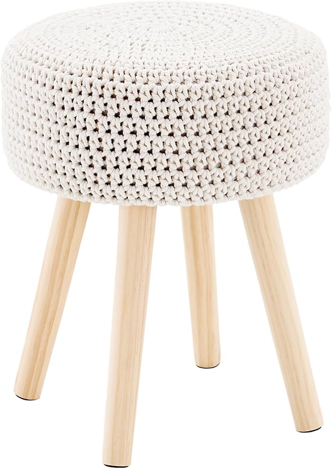 LGENHOOM Cotton Knitted Ottoman Round Footstool Vanity Stool Modern Stool Ottoman Footrest Stool with Non-Skid Wood Legs for Living Room Bedroom White