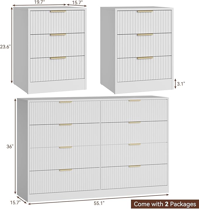 8 Drawer Dresser & Nightstand Set 3-Piece, 55” Wide Tall Fluted Dresser and Night Stand Set of 2 with Metal Handle, Modern Wood Chest of Drawers Storage Dressers Set for Bedroom, White