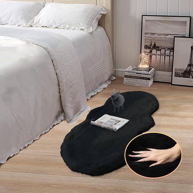 Black Faux Rabbit Washable Fur Area Rugs for Bedroom Small Fluffy 2x4 Fur Rug Chair Cushion Living Room Décor