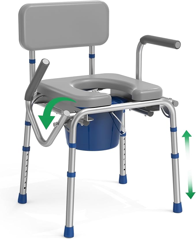 Loyoda Drop Arm Bedside Commode, Commode with Padded Seat and Backrest, 500lbs Capacity, 5.81QT Removable Bucket, Adjustable Height Portable Toilet for Adults, Gray