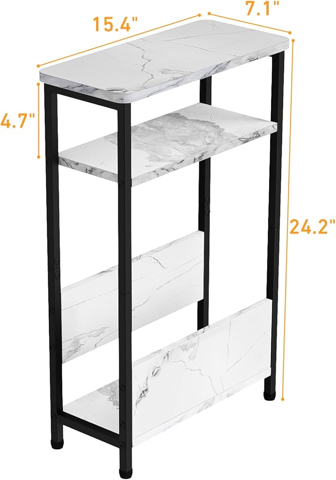 THUMEYE 7.1" Narrow Side Table for Small Spaces, 3 Tier Small End Table with Magazine Holder, Slim/Skinny Nightstand/Bedside Table for Living Room, Bedroom, 15.4" L x 24.2" H, Faux White Marble