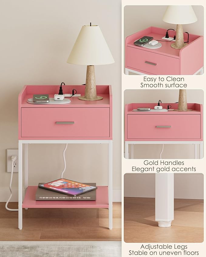 Masupu Nightstand with Charging Station,3-Tier Modern Bedside Night Stand with Storage Drawer and Shelf,Small End Side Table for Bedroom,Living Room,Pink and White