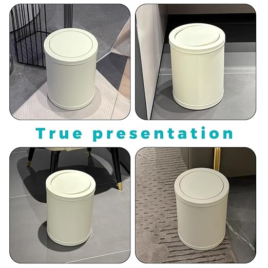 2.3 Gallon/9L White Round Trash Can with Swing Lid, Metal Garbage Can,Modern,Elegant Waste Basket,for Bathroom, Bedroom,Living Room,Office,RV,Home(9L-White)