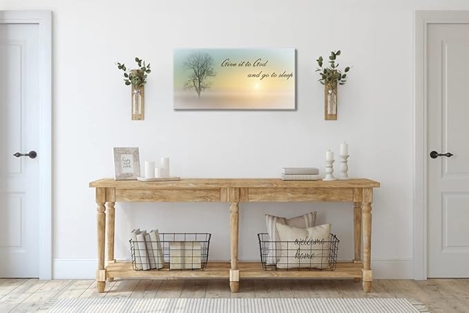 Wall Art for Bedroom of Waterproof Quote Paintings, Family Wall Decor of Misty Sunrise & Plant, Room Wall Pictures of Large Wall Art, White Country Decor by Wood Inner Framed ( 16x32 )