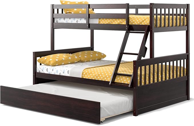 KOMFOTT Wood Twin Over Full Bunk Bed with Trundle, Bed Frame with Solid Pine Wood Frame, Space-Saving Bunk Bed with Ladder & Safety Guardrails, No Box Spring Needed