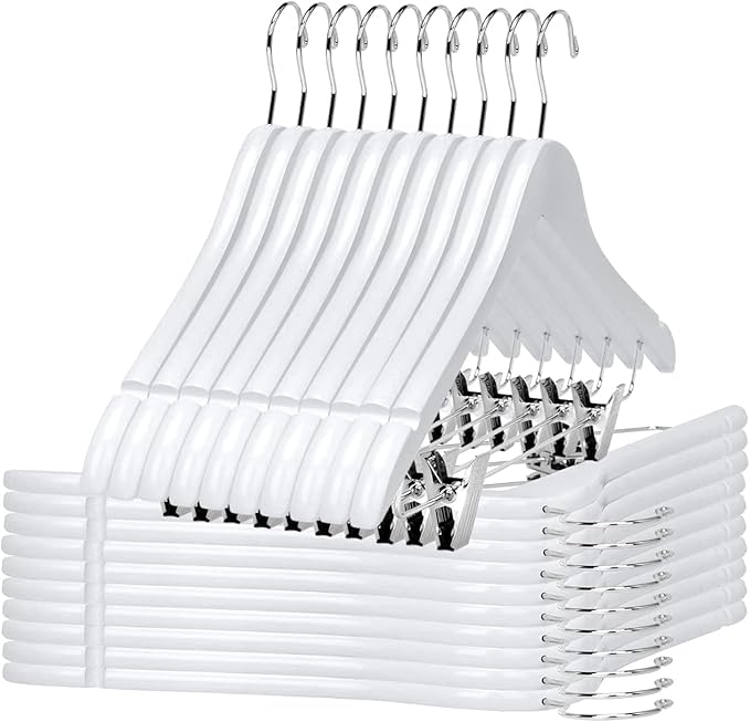 Quality Wooden Skirt Hangers with Clips 80-Pack White Pants Hangers with Adjustable Chrome Metal Clips, Swivel Hook, Coat, Jacket, Blouse Suit Hangers (White, 80)
