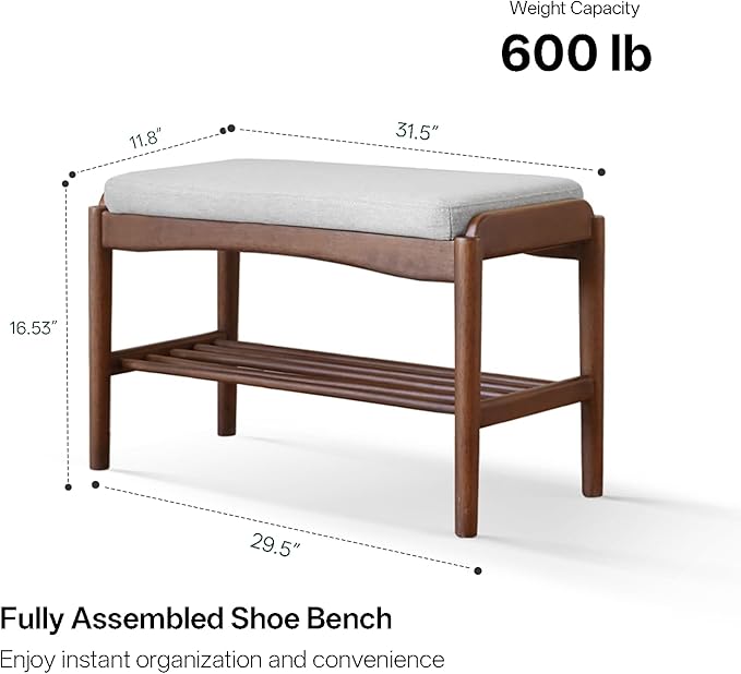 Black Walnut Shoe Bench Assembled, Solid Wood Shoe Rack Bench with Cushion for Entryway, Living Room, Bedroom, Hallway, 11.8" x 31.5" x 16.5"