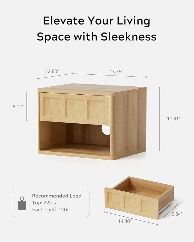 Floating Nightstand Set of 2, Wall Mounted Bedside Table with Storage Drawer and Open Shelf, Night Stand with Curved Corners for Living Room, Bedroom, Dorm, Natural Oak