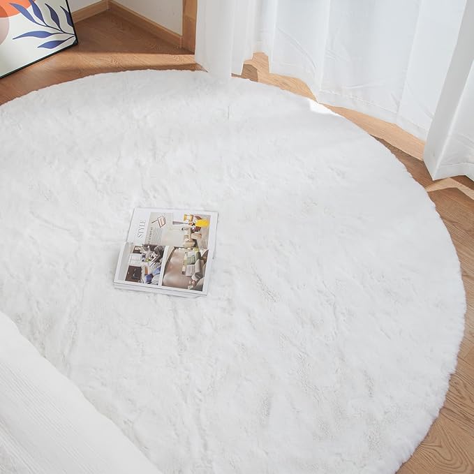 White Fluffy Round Rug 5ft for Bedroom Circle Faux Rabbit Washable Fur Area Rugs for Living Room Nursery Rug