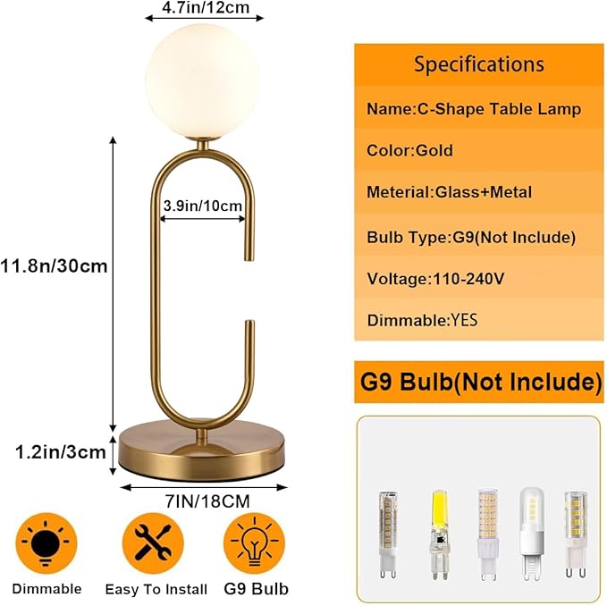 Mid Century C-Shape Table Lamp Gold 2-Light Globe Dimmable Table Lamp with Milk White Glass Gold Nightstand Lamp for Bedroom Bedside,G9 Bulb(Not Included)