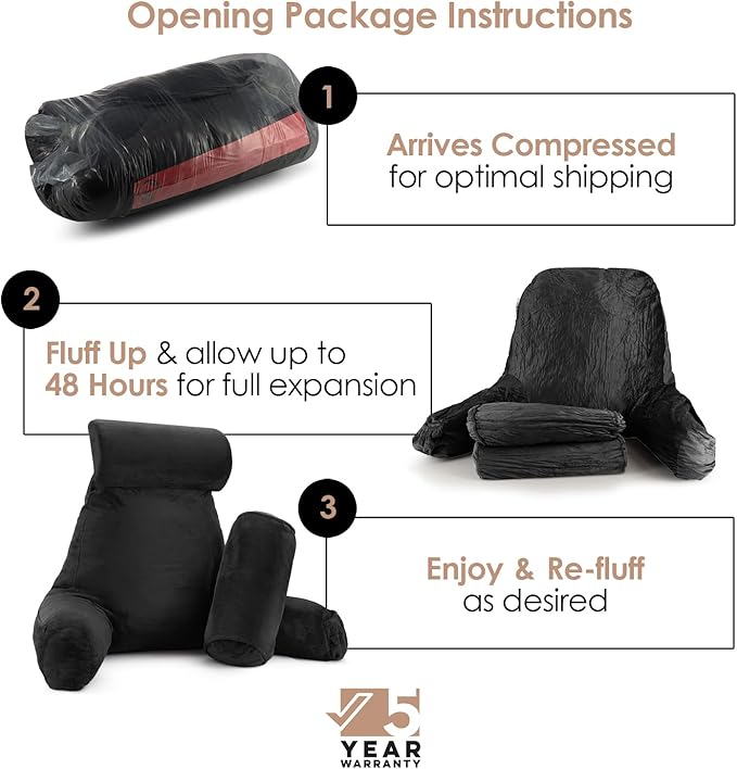Nestl Reading Pillow with Shredded Memory Foam Includes 2 Neck and Lumber Support Pillows, Designed for Sitting Up in Bed and Couch, Back and Arms Adjustable Support for Adult & Teens, Black