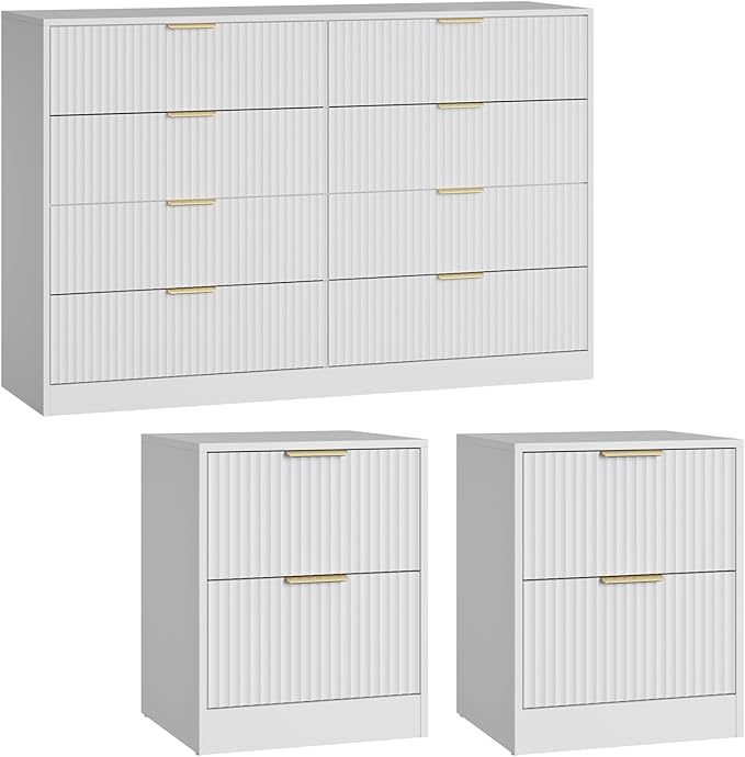 8 Drawer Dresser & Nightstand Set 3-Piece, 55” Wide Fluted Dresser and Night Stand Set of 2 with Metal Handle, Modern Wood Chest of Drawers Storage Dressers Set for Bedroom, White
