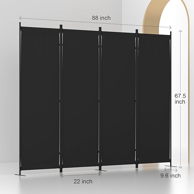 Room Divider, 4 Panel Folding Privacy Screen, 88” Portable Separating with 3 Metal Feet, Partition Room Dividers, Lightweight Freestanding Wall Divider Screen for Office Bedroom Hospital(Black)