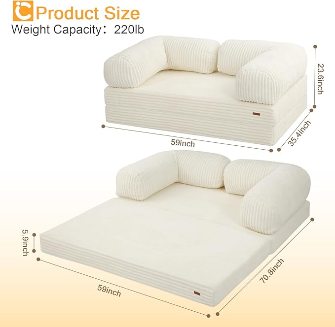 COMAX Folding Sofa Bed Queen, Foldable Couch Bed, Fold Out Futon Chair Sleeper for Adults, Convertible Floor Mattress Sofa for Bedrooom Living Room Guest Room, Faux Fur Light Beige