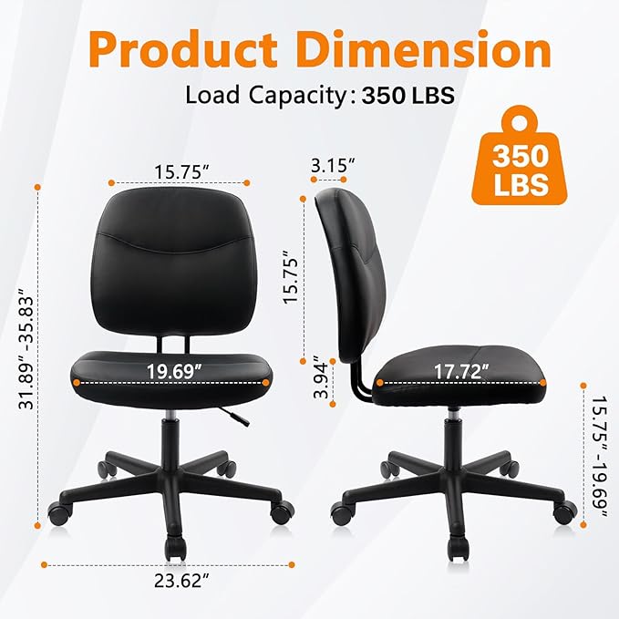 CLATINA Armless Home Office Chair, Small PU Leather Ergonomic Low Back Desk Chair with Lumbar Support and Wheels, Adjustable Height 360° Swivel Rolling Computer Task Chair, Black, 4 Pack
