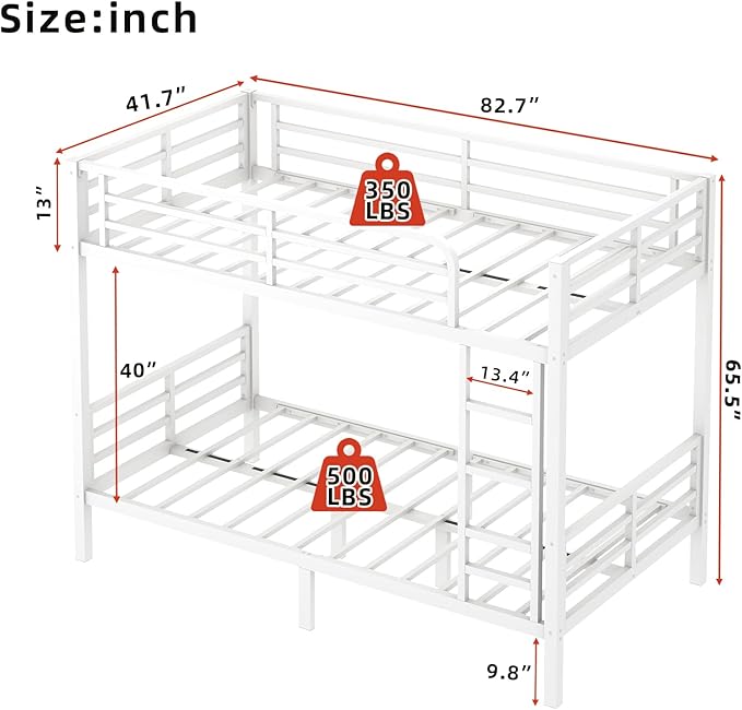 Twin XL Over Twin XL Bunk Bed Frame, Heavy Duty Metal Loft Bed for Adults/Teens, 350/500LB Capacity w/Ladder & Guardrail, Noise-Free Steel Slats, No Box Spring Required, White