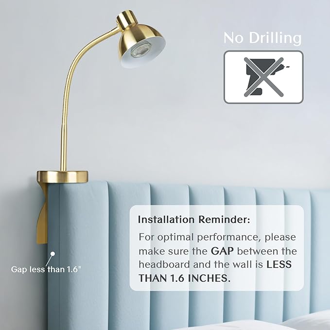 Solfres Patented Innovative Design Headboard Reading Light Pro. No Drilling Book Light for Bedtime Reading. Dimmable LED Book Reading Lamp with Bulb. Movable & Flexible, Gold
