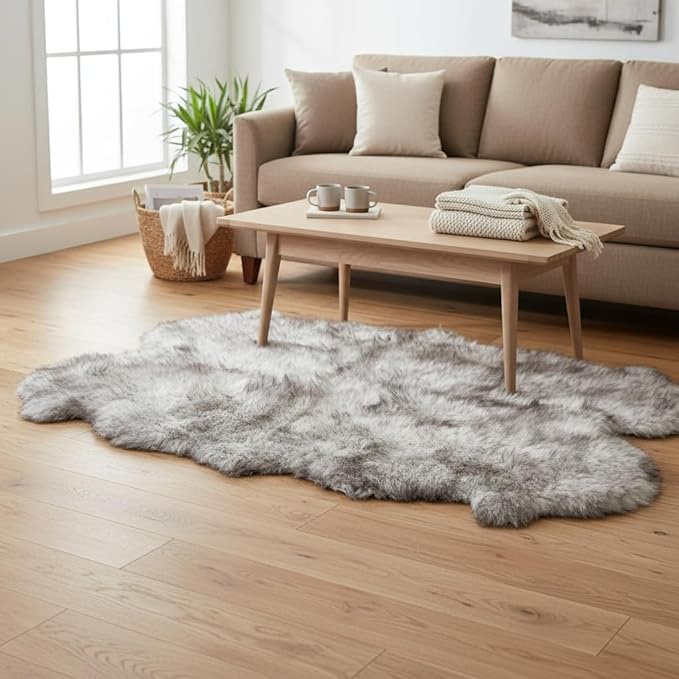 Super Area Rugs Premium Genuine Sheepskin Rug 4' x 6' Long Fur Soft & Natural Shaggy Living Room Rug, Wolf Tip Brown, Four Pelt