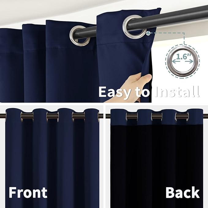 BGment Thermal Insulated 100% Blackout Curtains for Bedroom with Black Liner, Double Layer Full Room Darkening Noise Reducing Grommet Curtain (55 x 96 Inch, Navy Blue, 2 Panels)