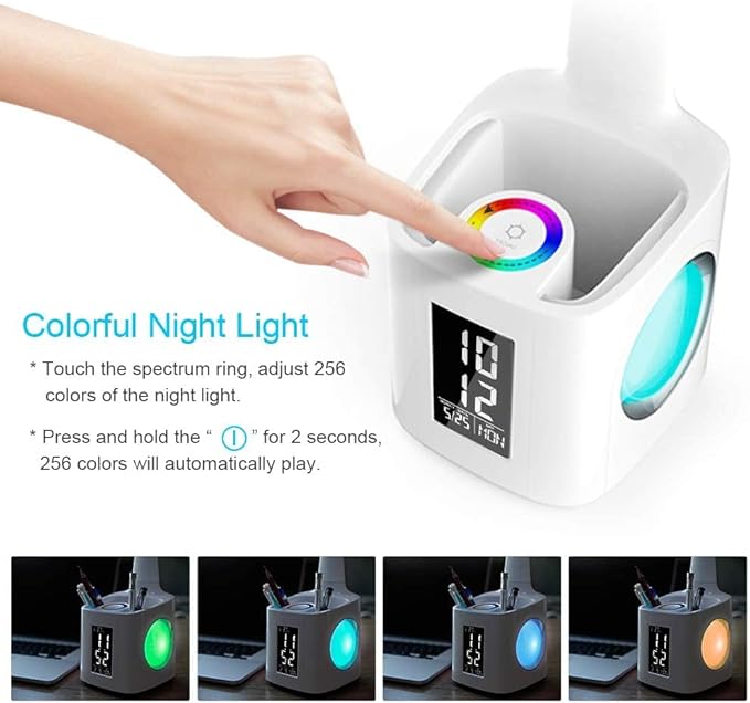 wanjiaone 7-in-1 Study Desk Lamp with USB Charging, Screen, Calendar, Color Night Light, Kids LED Table Lamp with Pen Holder, Clock, Reading Light, 10W
