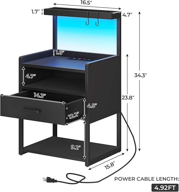 VIAGDO Night Stand Set 2 with Charging Station and LED Lights, Black Night Stand with Drawer, Modern End Side Table with Open Storage Shelves, Bedside Tables for Bedroom, Office