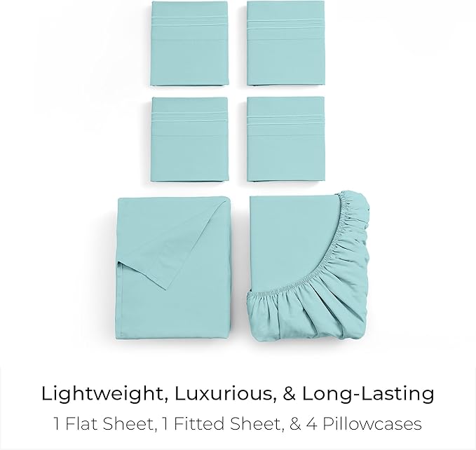 Mellanni Full Sheet Set - 6-Piece Iconic Collection Bedding, (Including 4 Pillowcases), 16-Inch Deep Pocket, Easy Care, Extra Soft, Cooling Sheets, Brushed Microfiber - Aqua