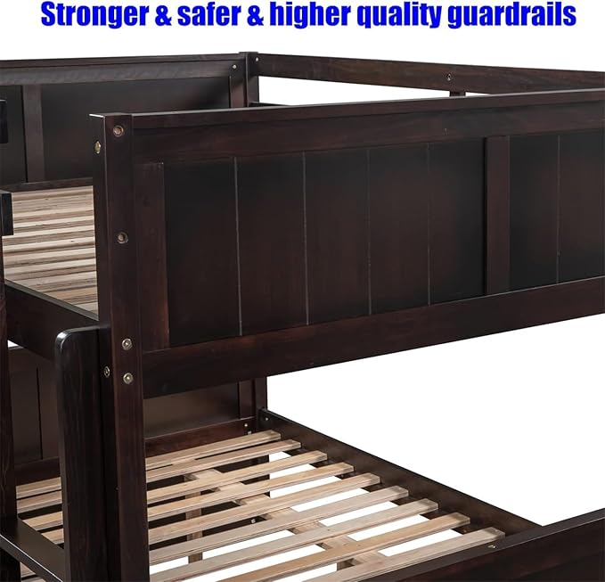 TSAMPA Latest Upgraded & Stronger Heavy Duty Solid Wood Full Over Full Bunk Bed with Trundle, Thickened Safer Convertible Bunkbed Frame (Easier to Assemble) (Espresso)