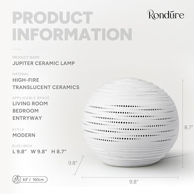 RONDURE 8.7" Modern Ceramic Table Lamp, Modern Bedside Lamps for Bedroom, Living Room and Nightstand, White Translucent Ceramic Shade, Warm Ambient Lighting, Corded