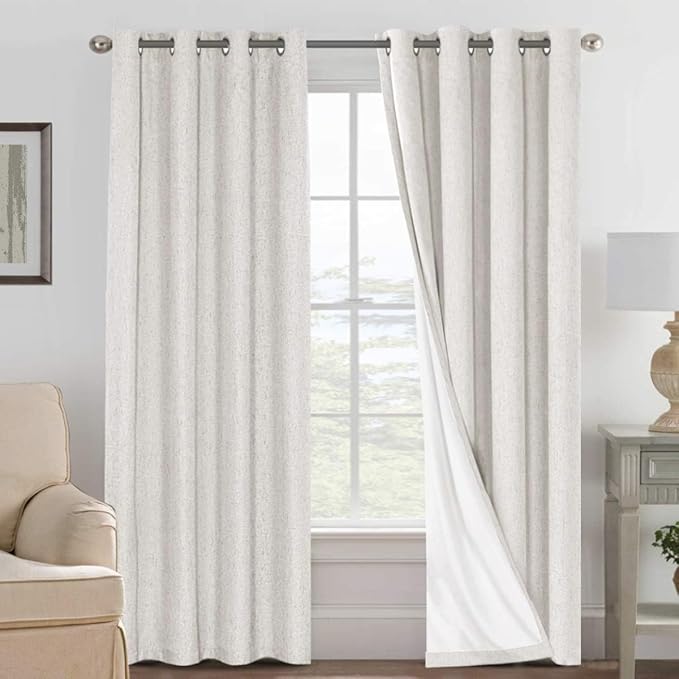 H.VERSAILTEX Linen Curtains 100% Blackout Curtains for Bedroom 102 inch Long Full Light Blocking Nature Linen Blended Window Curtains for Living Room Nickel Grommet (2 Panels, Ivory)