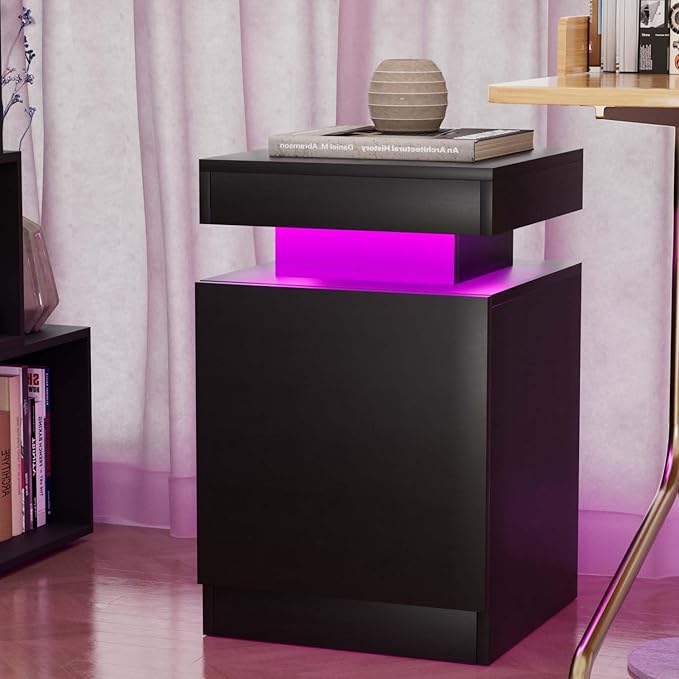 MXV Nightstand Set of 2 with LED Lights,Night Stand with Storage Cabinet for Bedroom,Bedside Table with LED (Black, 15IN)