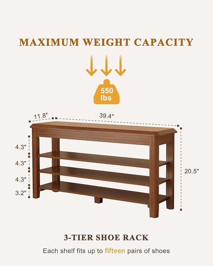 Shoe Rack Bench Seat Rubberwood 3-Tier Wooden Storage Bench 550lbs Compact Mid-Century Modern Design for Entryway, Hallway, Closet, Front Door Entrance, Foyer