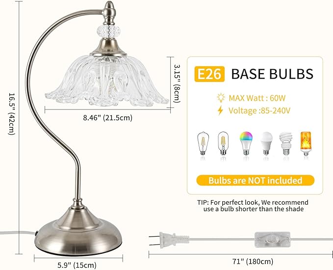 Brushed Nickel Table Lamp with a Floral Clear Glass Shade, A Plug-in Nightstand Lamp in Brushed Nickel Finish for Bedroom, Living Room,Office, and Desk