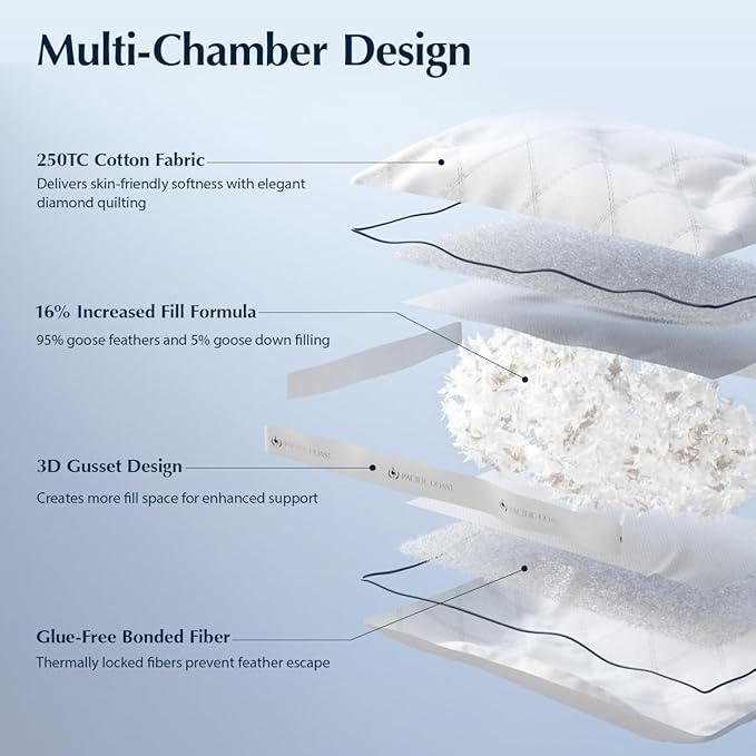 Pacific Coast Goose Feather and Down Firm Bed Pillows Standard Size Set of 2 with Gusset, Luxury Hotel Collection Pillows 2 Pack for Sleeping, Supportive for Side Sleepers and Back Sleepers