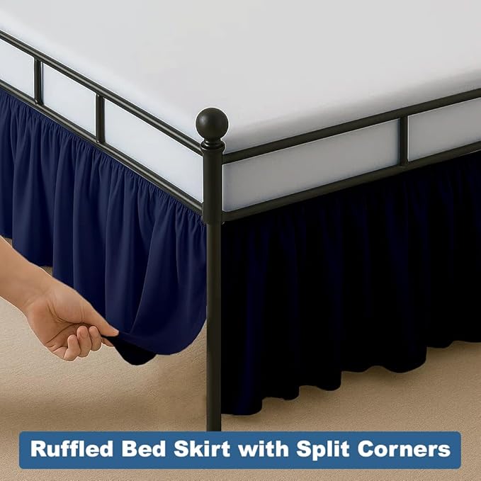 Ruffled Bed Skirt Split Corners with Platform, Tailored Fit Hotel Quality Wrinkle Free Ultra-Soft Microfiber Dust Ruffle, Upto 24 Inch Drop, Full XL, Navy Blue
