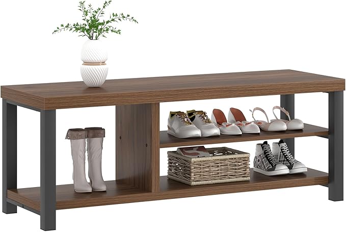 FOLUBAN Entryway Bench, Modern Wood Shoe Bench for Living Room Hallway, Industrial Indoor Shoe Storage Bench Seat, Rustic Walnut, 47 Inch