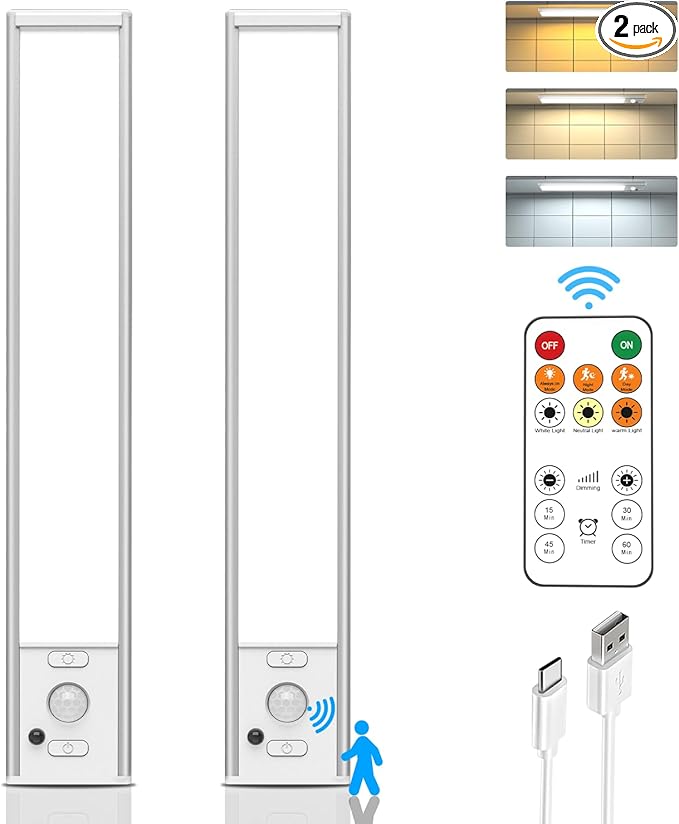 Under Cabinet Lights Wireless,Motion Sensor Light Indoor Closet Lights with Remote Control,3 Color Temps,LED Rechargeable Battery Operated,Under Counter Lights for Kitchen,Wardrobe,Hallway,Stairs