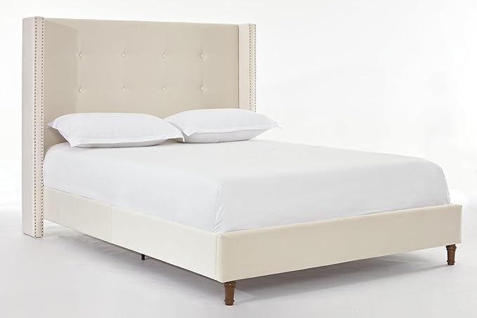 Queen Velvet Bed Frame,Upholstered Platform Bed with Button Tufted Headboard and Nailhead Trim Wingback, Wood Slats Support, No Box Spring Needed, Easy Assembly,Ivory