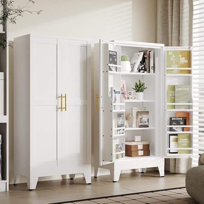 47" Kitchen Pantry Cabinet, Metal Storage Cabinet with 3 Adjustable Layer Shelves, 8 Door Shelves, Buffet Sideboard for Living Room, Kitchen, White
