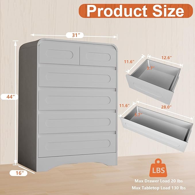 Dresser for Bedroom with 6 Drawers, 44" Tall Modern Dressers & Chest of Drawers with Curved Profile Design, Wood Closet Clothes Storage Dressers Organizer for Bedroom Living Room Hallway, White