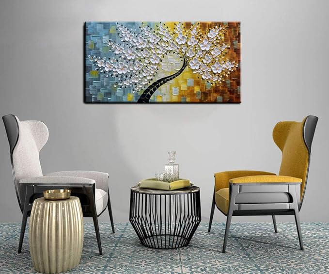 YaSheng Art-Handmade White Flower Contemporary Art Oil Painting On Canvas 3D Texture Abstract Tree Paintings Modern Home Bedroom, Dining Room, Wall Art Decor Ready to Hang20x40inch