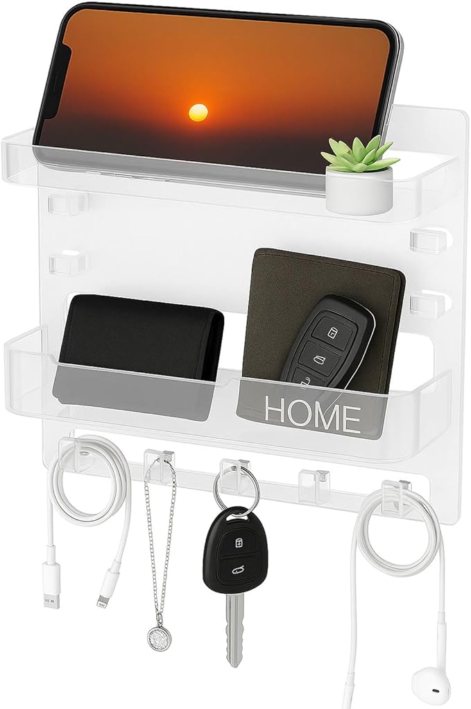 Bedside Wall Shelf Organizer with 5 Hooks & Cable Clips, Plastic Adhesive Wall Mount Storage Rack for Phone, Remote, Earphones, Kindle, Bedroom, Dorm, RV (Clear)